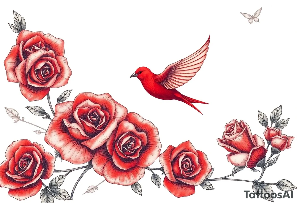 Vintage lace, red roses close together, bright red bird flying freely tattoo idea