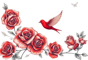 Vintage lace, red roses close together, bright red bird flying freely tattoo idea