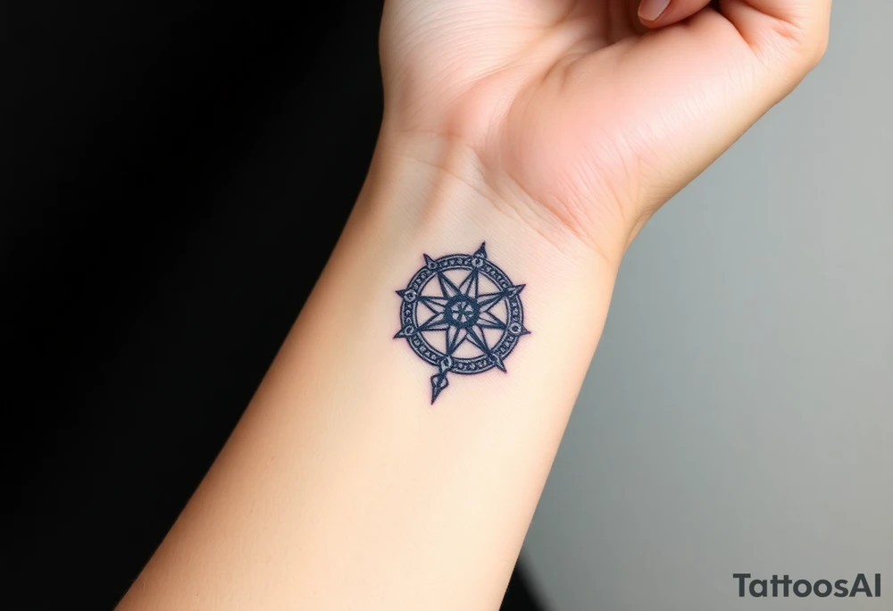 A single Violet with detailed compass at its center representing feminine power and an ankh or Celtic knot tattoo idea