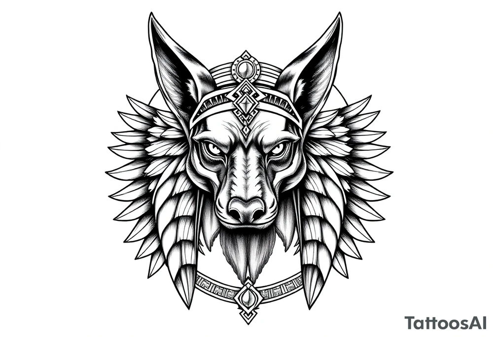 Egyptian Anubis god face muscle in Egypt style  with mantle on head

dog face surrounded Egyptian symbols based on elements tattoo idea
