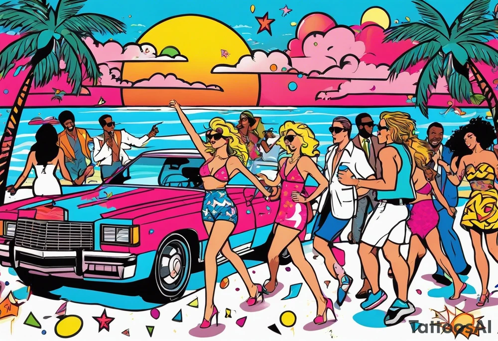 1980's miami vice style beach dance 
party, include confetti, music notes, boom box, bikinis sunset in the center tattoo idea