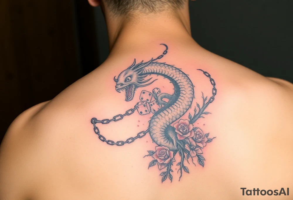 Squid and dragon combined with chains, tree roots, cherry blossoms and roses rolling dice tattoo idea