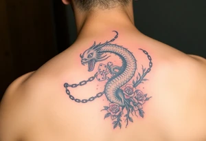 Squid and dragon combined with chains, tree roots, cherry blossoms and roses rolling dice tattoo idea
