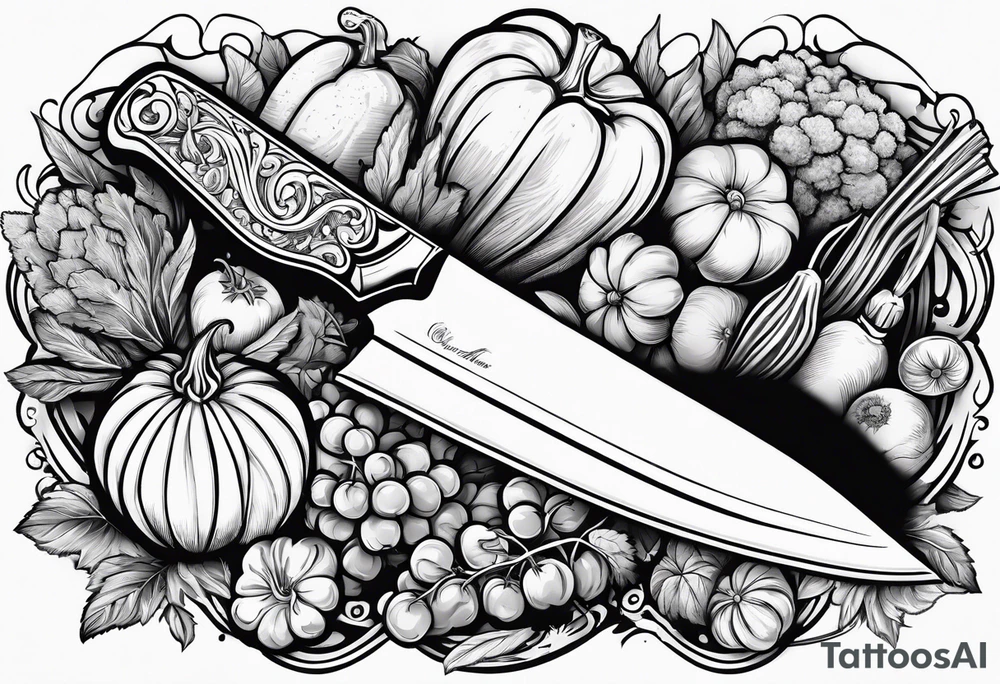 Chef knife with vegetables inside blade tattoo idea