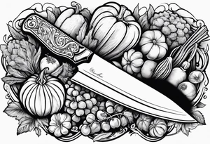 Chef knife with vegetables inside blade tattoo idea