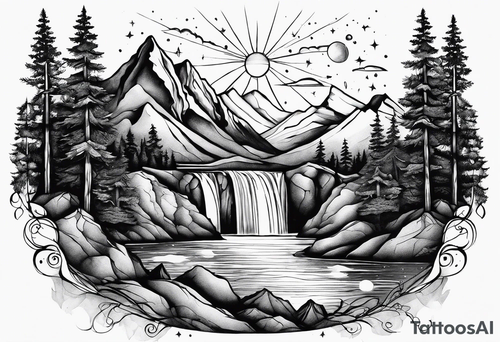 mountains, nature, stars, cross, waterfall, water tattoo idea