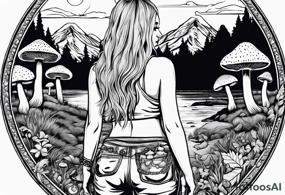 Whole picture encircled fully

Straight long blonde hair hippie girl in distance holding mushrooms in hand facing away toward mountains and creek surrounded by mushrooms tee shirt and hiking pants; whole rendering within a full circle, no cut off circle tattoo idea