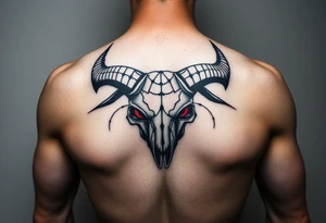 Evil Abstract looking taurus skull chest tattoo with red eyes tattoo idea