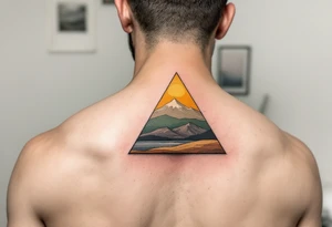 A three-layered triangle in earth tones (brown, olive, and ochre), inspired by nature and grounding located on the back of the head tattoo idea
