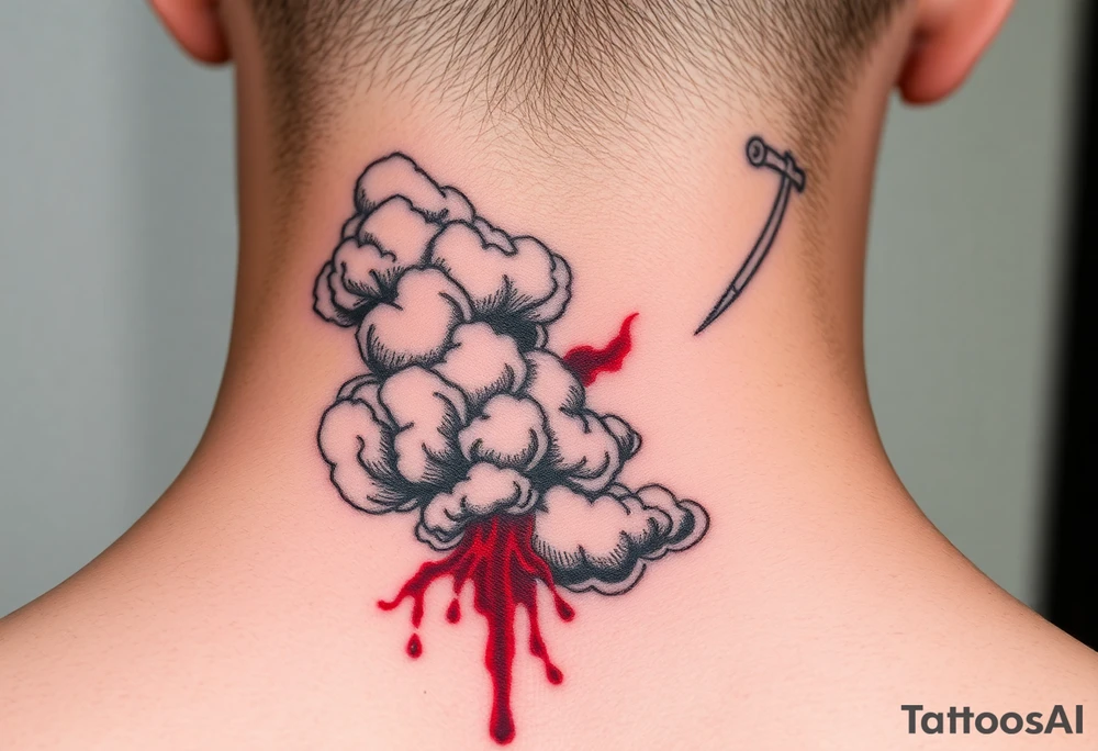 deepfull description of details with clouds,fire ,blood and red tattoo idea