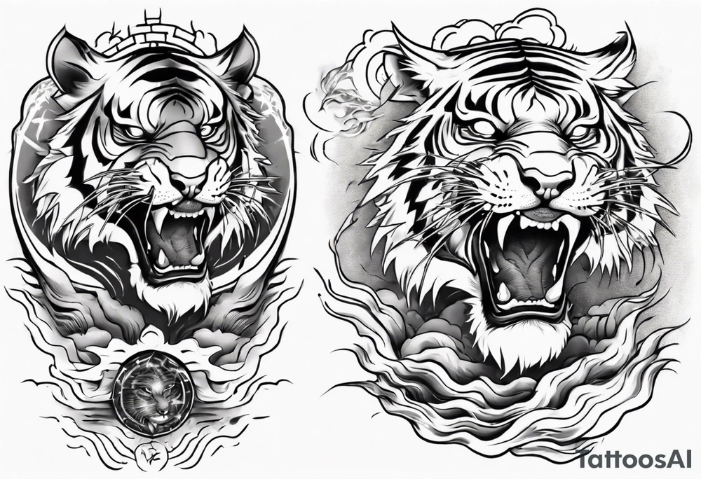 Tiger design with lightning and the sun for a forearm sleeve tattoo idea