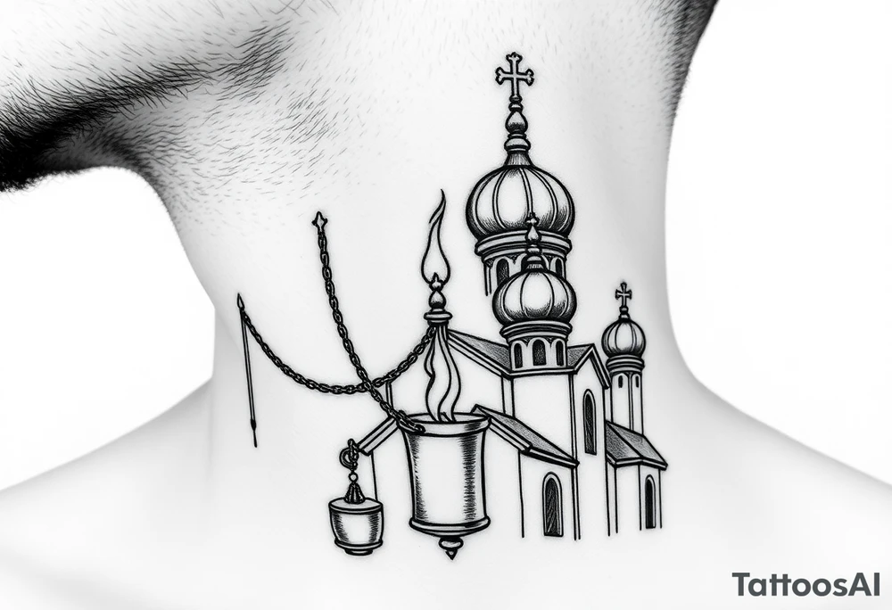russian orthodox thurible chains with incense burning outside a russian orthodox domes church tattoo idea