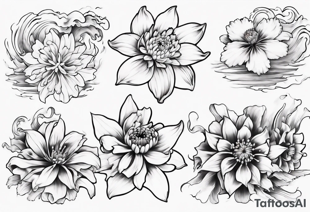 Japanese style tattoo background daffodils, chrysanthemum and waves tattoo idea