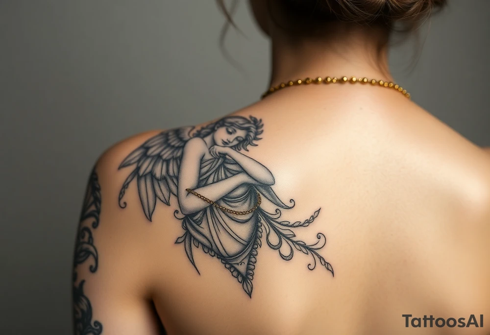 Create a statue of some angel, ruined with a corrupt criminal/thug style, tattoos, jewelry, gold necklaces. I would like this to be placed on the left arm. tattoo idea