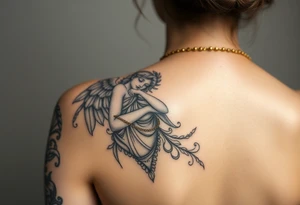 Create a statue of some angel, ruined with a corrupt criminal/thug style, tattoos, jewelry, gold necklaces. I would like this to be placed on the left arm. tattoo idea