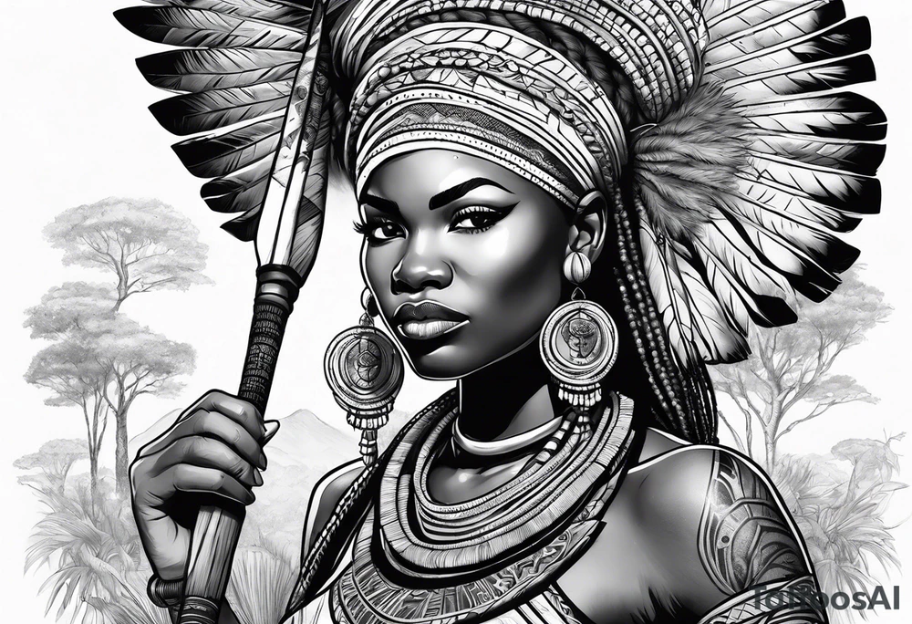 African woman warrior holding spear with earrings. Tribe marks on her face and trees,brids and elephants in the background tattoo idea