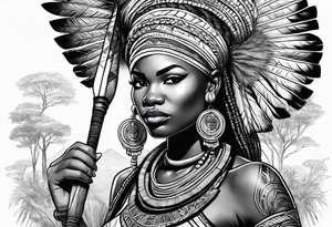 African woman warrior holding spear with earrings. Tribe marks on her face and trees,brids and elephants in the background tattoo idea
