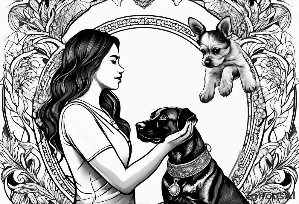 female dog reaching for the hand of a woman and she is facing backwords tattoo idea