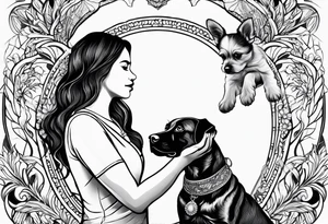 female dog reaching for the hand of a woman and she is facing backwords tattoo idea