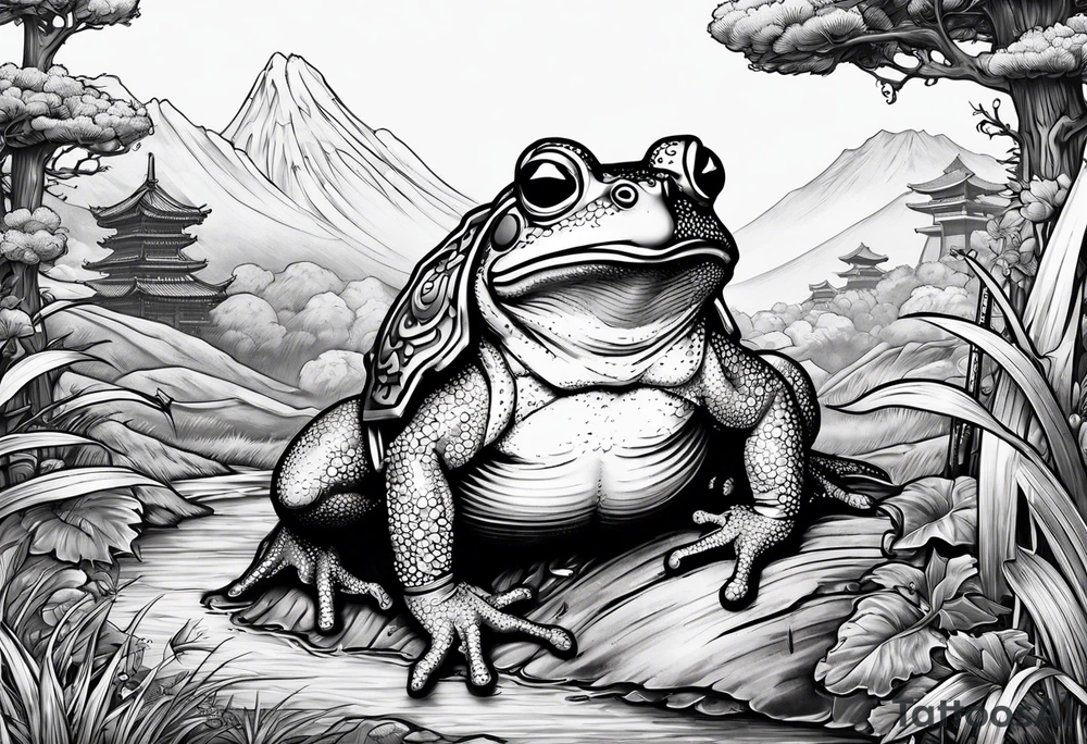 toad with sword; samurai sword Is pointing down(sword stuck in the ground) as if the toad was standing; no clothes tattoo idea