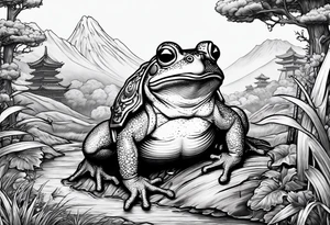 toad with sword; samurai sword Is pointing down(sword stuck in the ground) as if the toad was standing; no clothes tattoo idea