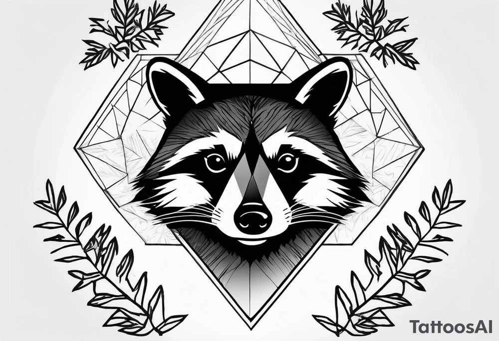 Vertical portrait of raccoon with trees in background shaped like a diamond tattoo idea