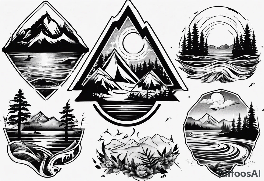 portrait tattoo with mountains, beach, waves, sunset, camping, trees tattoo idea