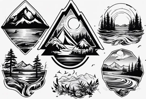 portrait tattoo with mountains, beach, waves, sunset, camping, trees tattoo idea