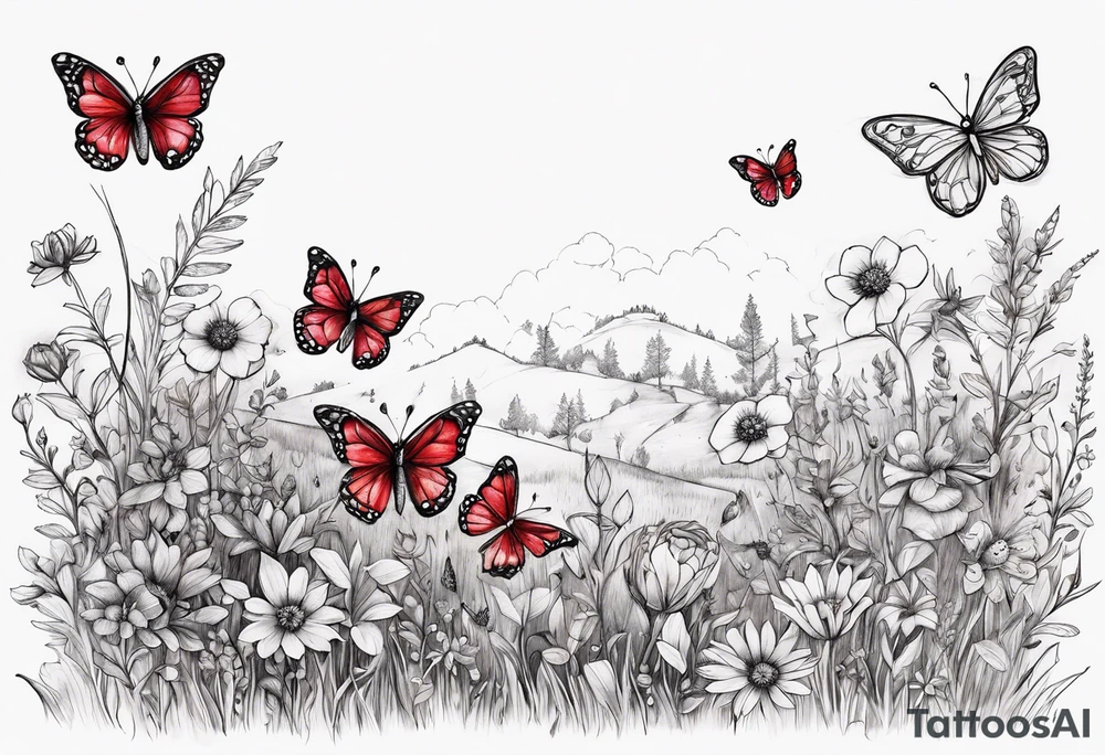 Wildflower field with "Ruby" in calligraphy font and butterflies around it tattoo idea