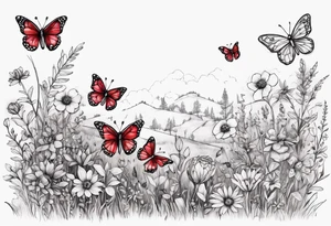 Wildflower field with "Ruby" in calligraphy font and butterflies around it tattoo idea