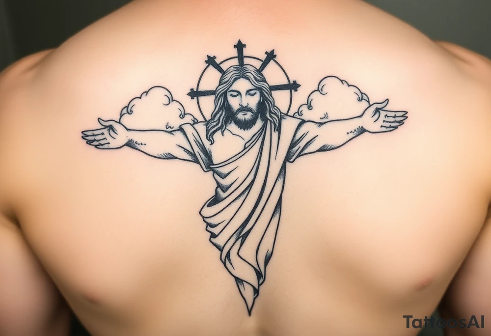 magestic christ with clouds black and white tattoo idea