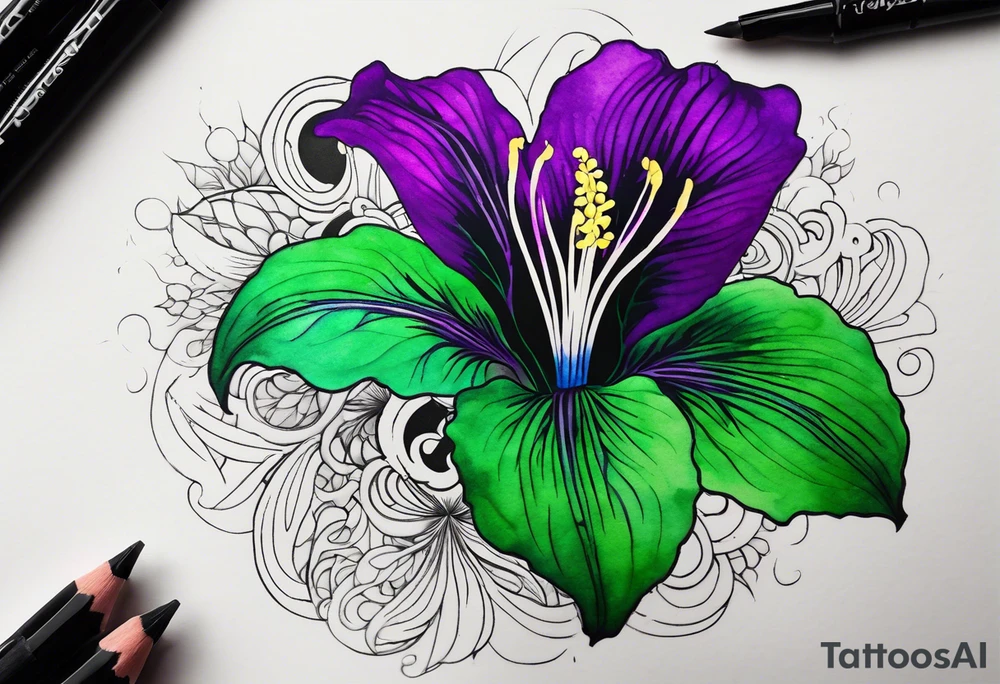 A mystical outline of a green and purple rio dipladenia flower and a green and purple watercolor splash in the background tattoo idea