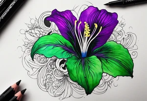 A mystical outline of a green and purple rio dipladenia flower and a green and purple watercolor splash in the background tattoo idea
