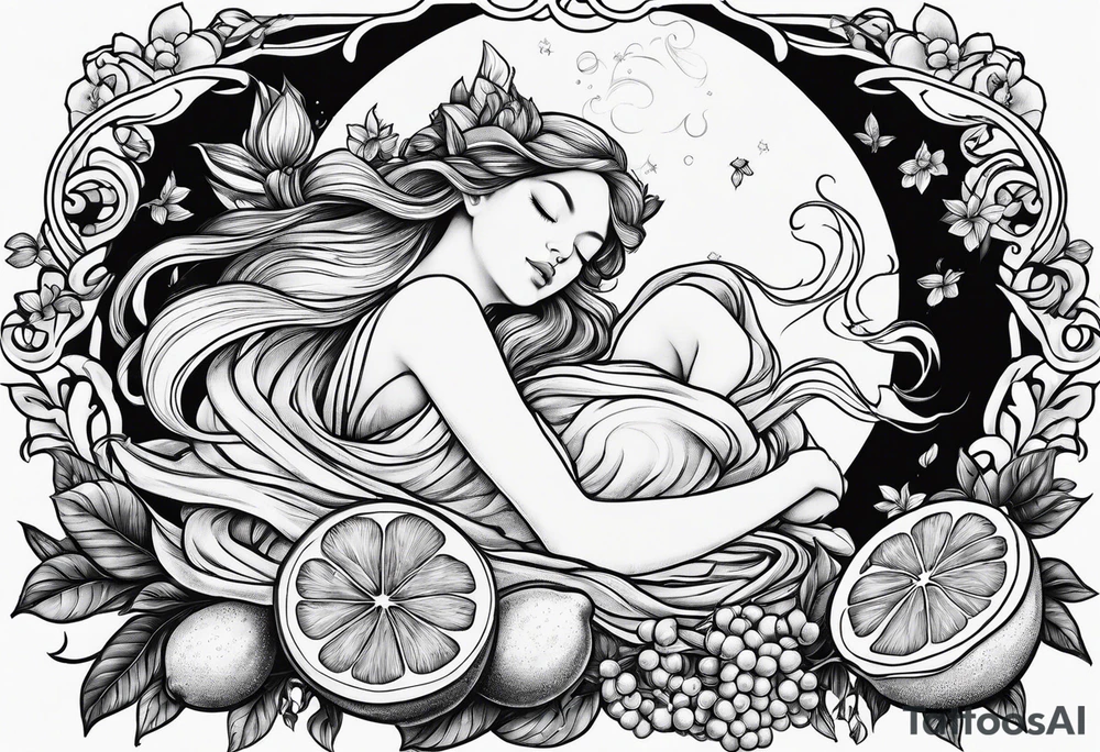 Fairy asleep on half a lemon tattoo idea