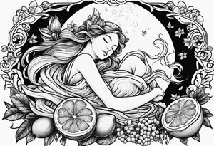 Fairy asleep on half a lemon tattoo idea