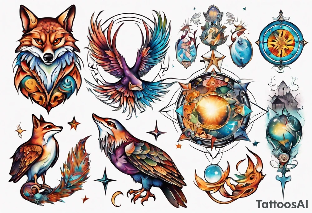 fisch, fuchs und eule , symetrie universum, bunt tattoo idea
