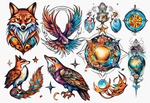 fisch, fuchs und eule , symetrie universum, bunt tattoo idea
