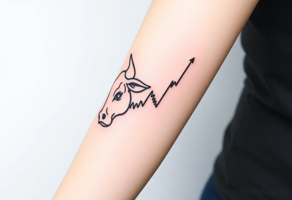 Create a minimalist black line tattoo of a bull’s head that transitions into an upward-trending candlestick stock chart. The design should have clean, fluid lines and combine the bull’s face and horns on the left, with the candlestick chart rising to the right, forming the shape of the bull’s jaw/neck. Keep the style simple and elegant, suitable for a forearm or upper arm tattoo.” tattoo idea