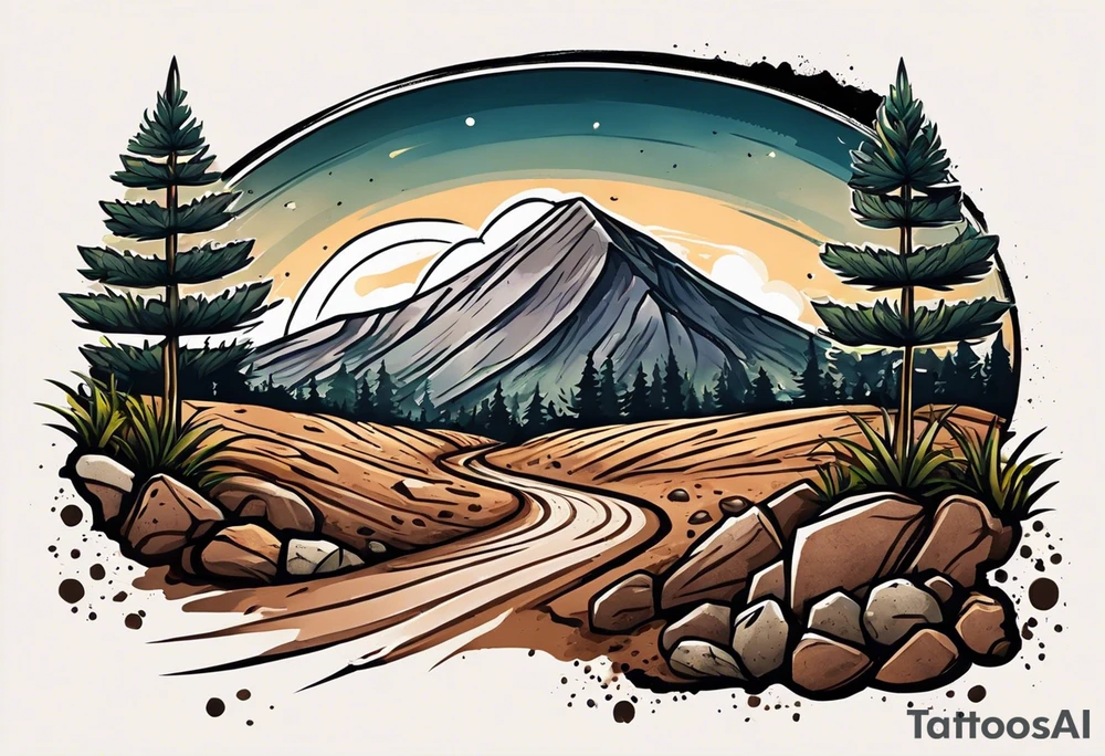 Create a tattoo of a flat topped granite rock with a base under the ground line that is pointed and deep, surrounded by freshly tilled and raked soil ready to be planted and under ground in front of the rock, a seed planted and pushing through the soil tattoo idea