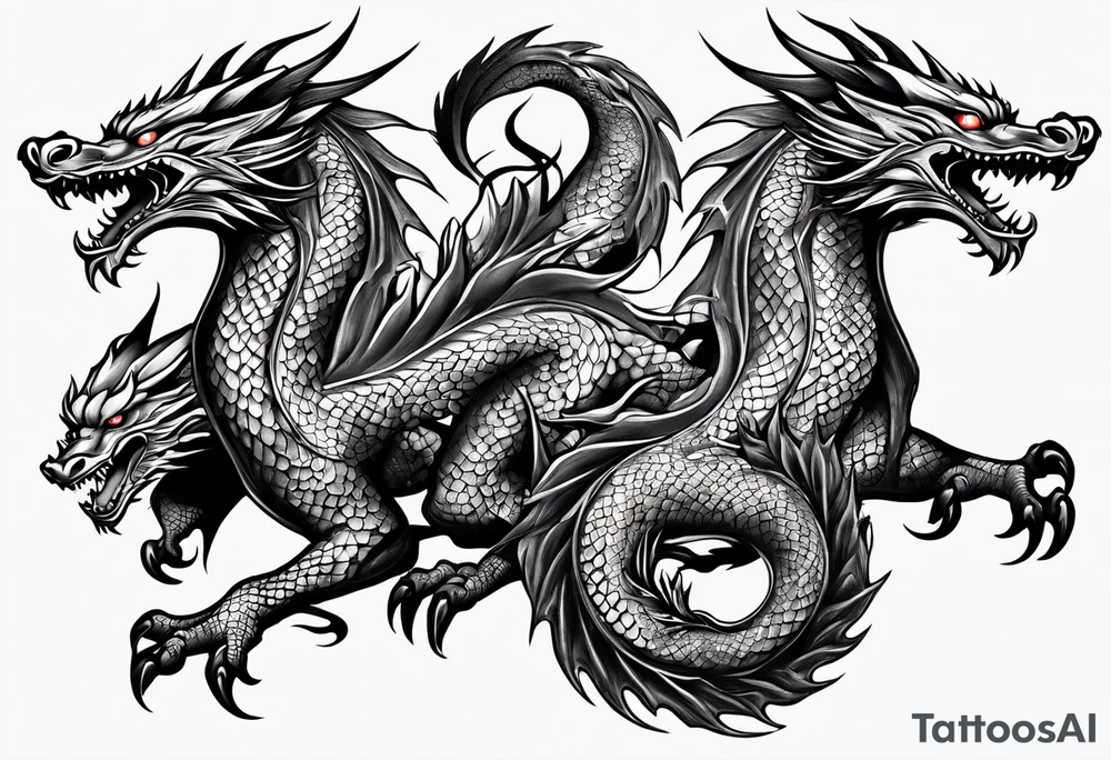 Family of five flying dragons tattoo idea