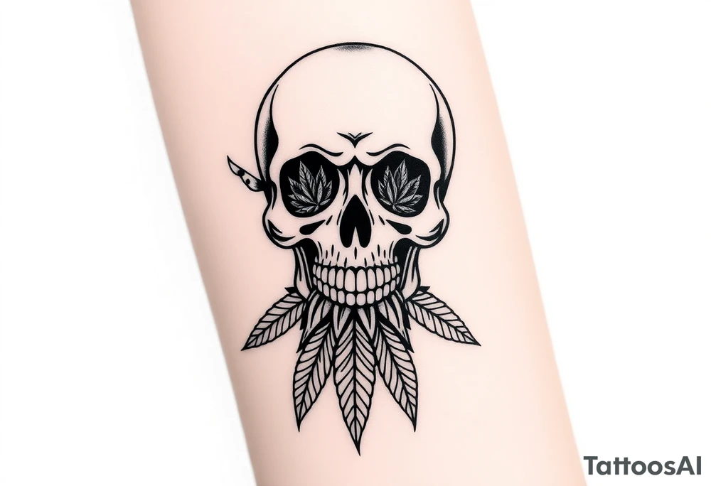 "Create a bold, black-and-white illustration of a stylized skull with intricate detailing. Incorporate cannabis leaves extending downward like a beard and marijuana buds filling the eye sockets. Ensure the design is symmetrical, high-contrast, and resembles a tattoo-style artwork with sharp, clean lines." tattoo idea