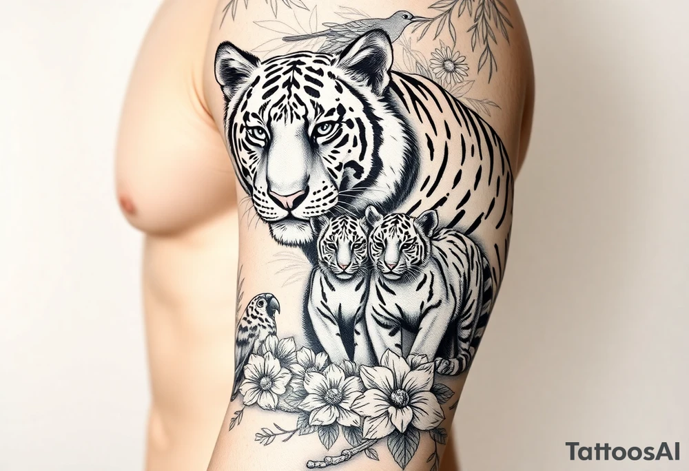 Beautiful, strong and fierce tiger parents with their 3 cubs in the jungle with flowers and macaws and birds with my children’s names “Jaiden, Jacob and Zaya” tattoo idea