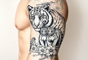 Beautiful, strong and fierce tiger parents with their 3 cubs in the jungle with flowers and macaws and birds with my children’s names “Jaiden, Jacob and Zaya” tattoo idea