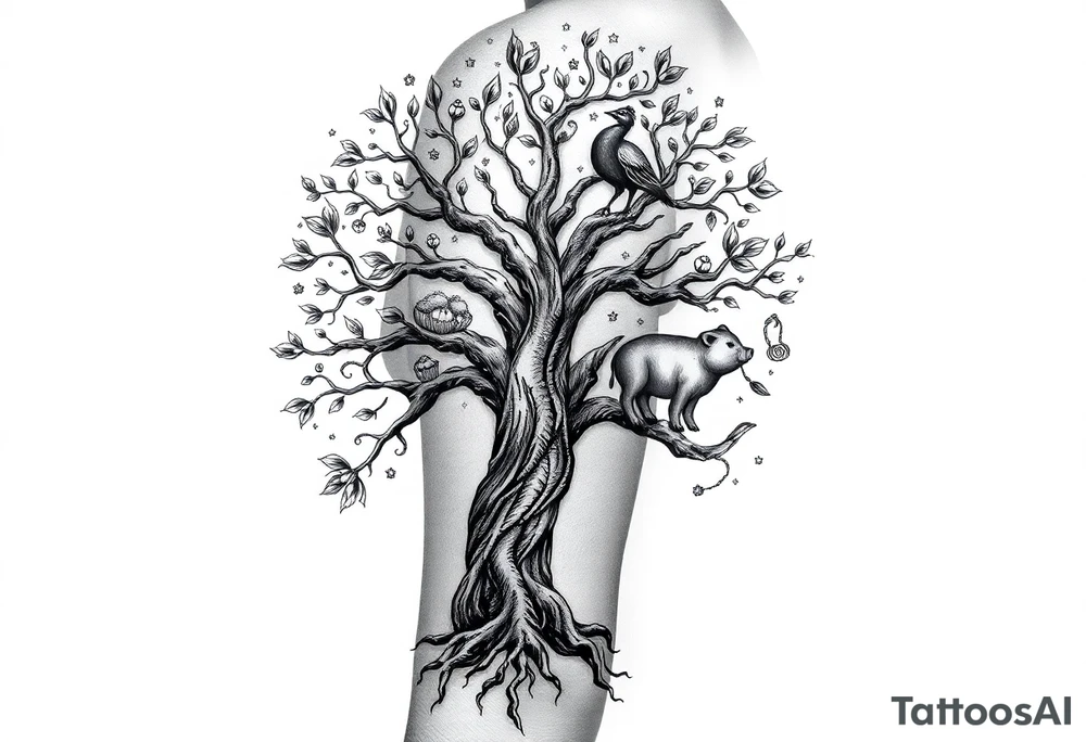 mystical tree of life with cosmic roots and celestial branches fat naked sexy woman , peacock , pig , cupcakes, liquor, cigerette, Storm clouds, pig, peacock , fat sexy naked fat woman, cupcakes, noose , money, goat lion, couple having sex, cigerette storm lightening, killing, darkness death, violent majestic creatures fat naked girl tattoo idea