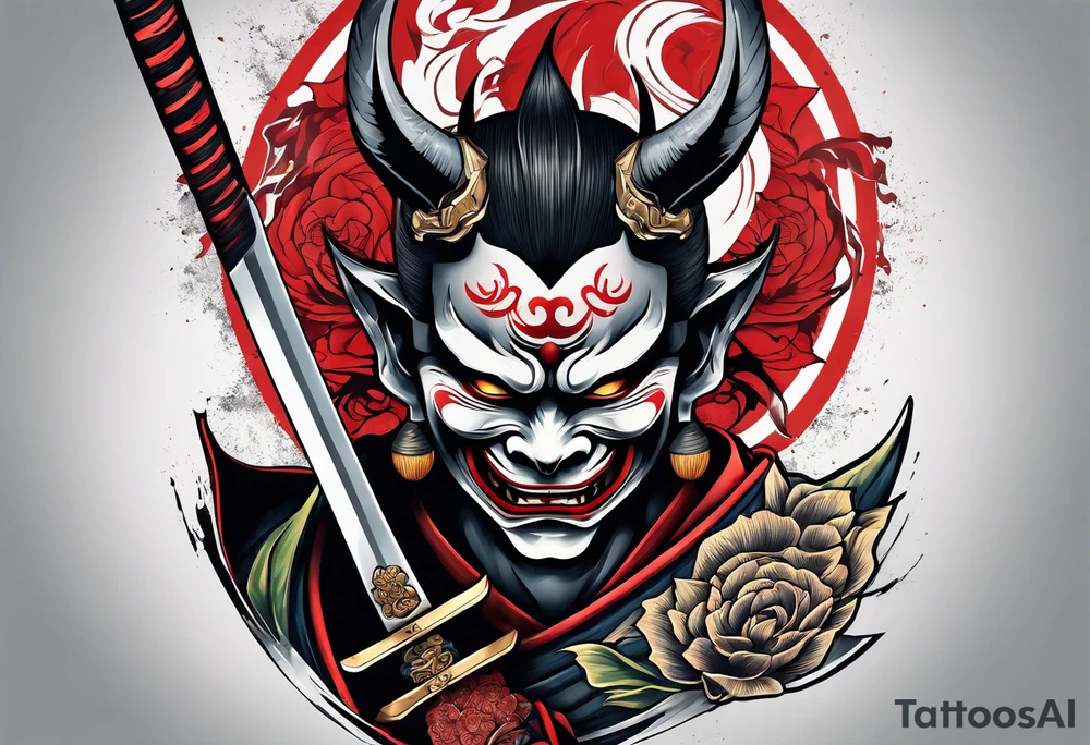 Full body Hannya  holding an ancient katana tattoo idea
