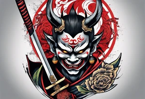 Full body Hannya  holding an ancient katana tattoo idea