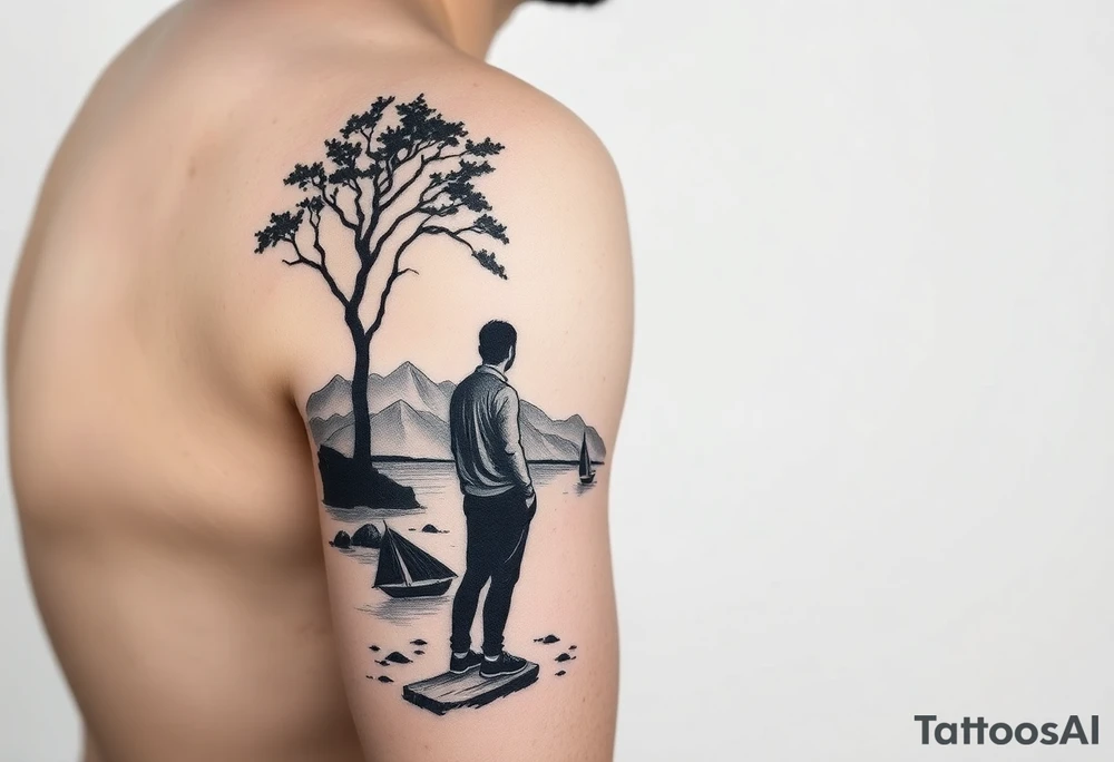 I want a minimalist design that will go on my right bicep, of a man's silhouette of a man on a shoreline, with a tree to his left, looking out at mountains in the distance, and a sailboat in the foreground.  but I want this around the arm, elbow and bicep area.  more of a wrap around on the arm please.   bottom left is okay, but less focus on the man's silhouette.  on the arm, not on the shoulder.  I said not on the shoulder! tattoo idea