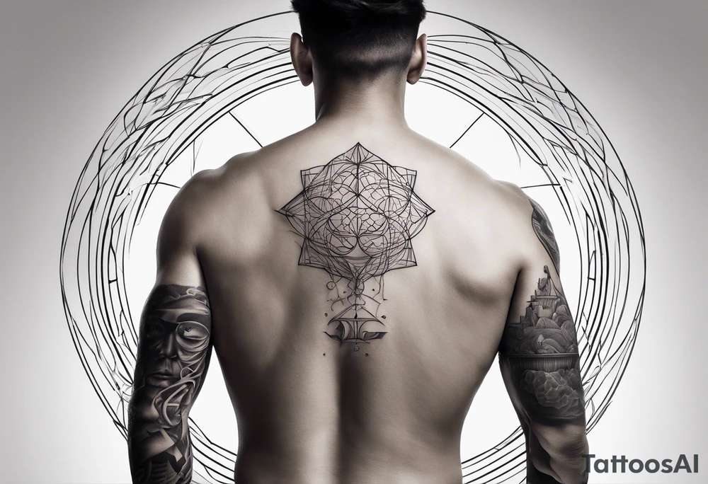 A fineline tattoo for man’s back with a falling down human body and Signs of brain, heart, dna tattoo idea