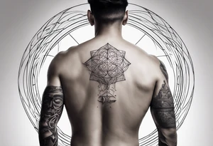 A fineline tattoo for man’s back with a falling down human body and Signs of brain, heart, dna tattoo idea