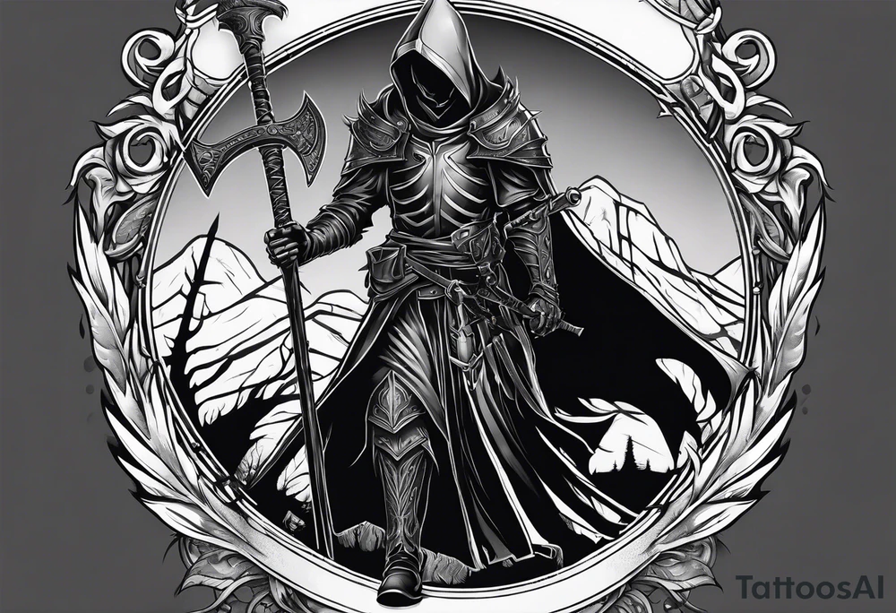 warlock holding a scythe with a skeletal knight tattoo idea